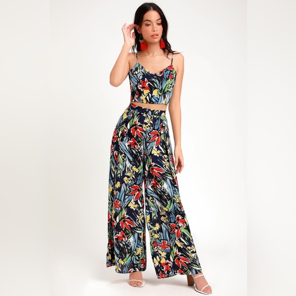 Lulus Pants - Lulus Pauma Navy Blue Print Crop Top and Wide-Leg Pants